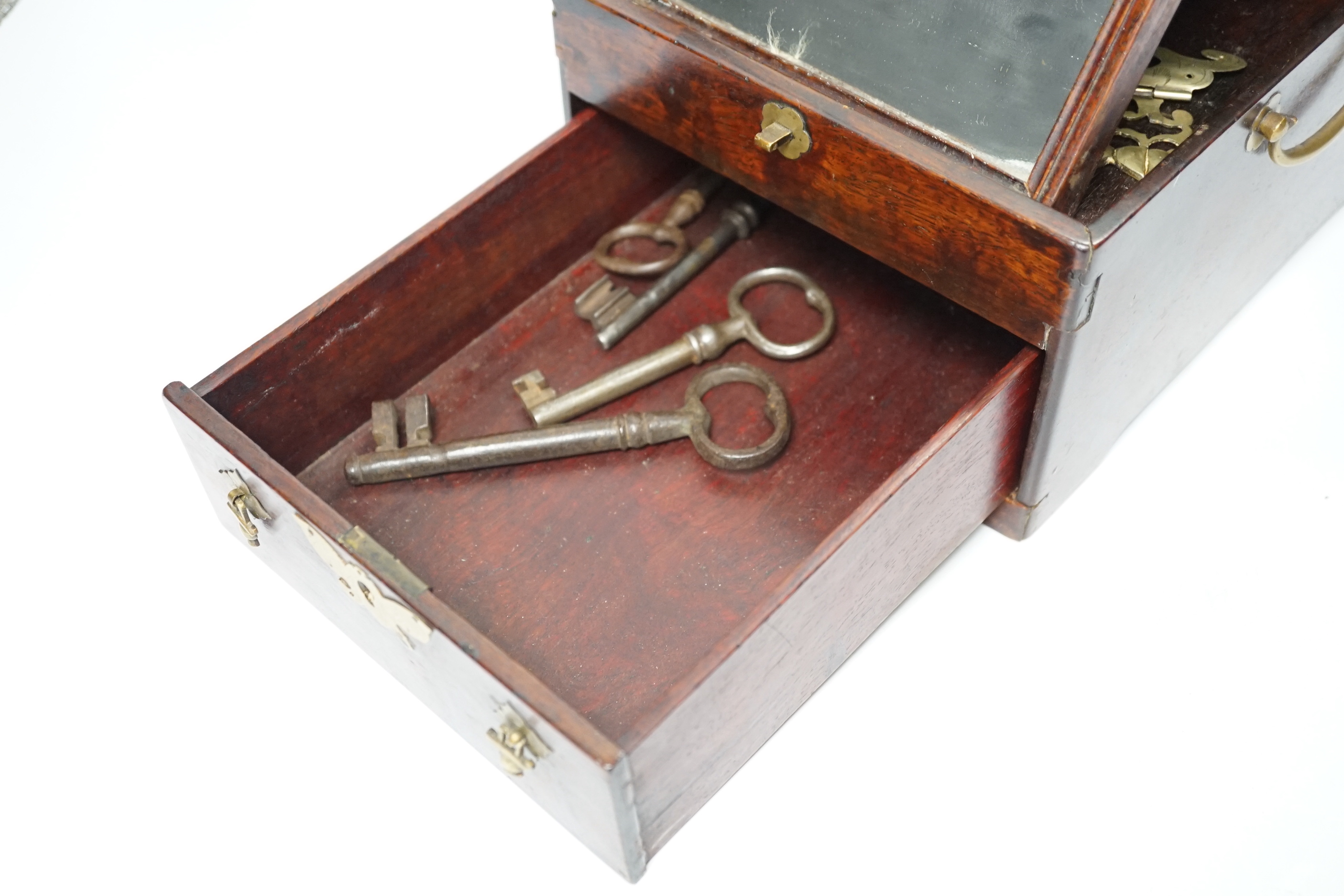 A Chinese brass mounted two-handled hardwood dressing table box. 24 x 18 x 12cm